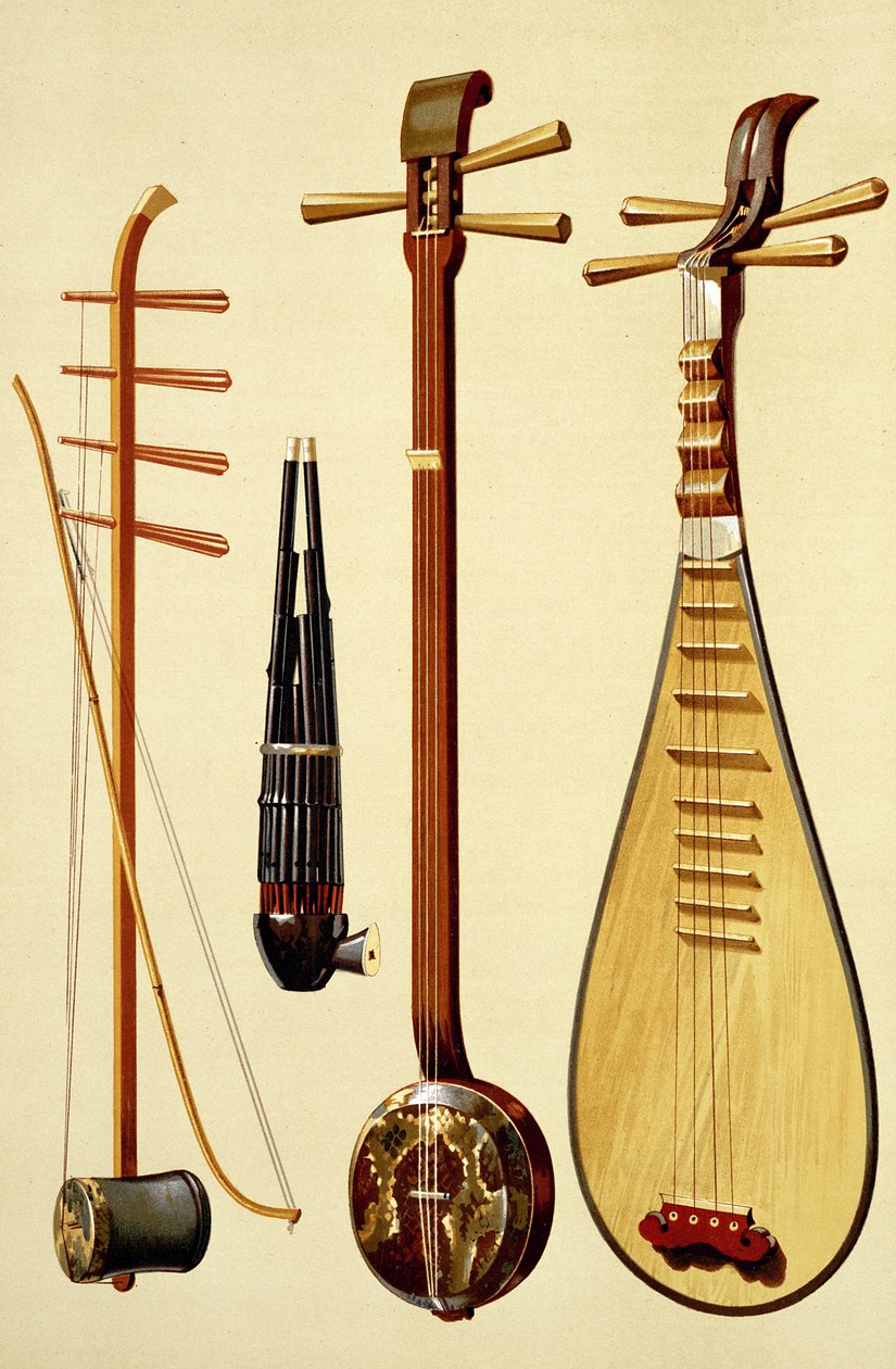 huqin and bow、sheng、sanxian and pipa、 &39;Musical Instruments&39;（colored litho）の中国楽器 作： アルフレッド・ジェームス・ヒプキンス