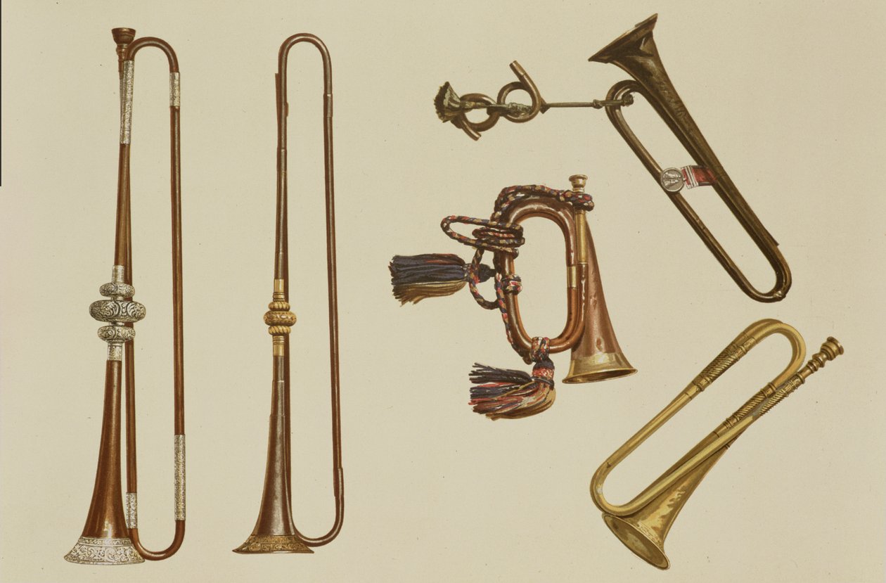 騎兵トランペット、ラッパ、ジョンハリスc.1730が製作した金箔トランペット、ウィリアムボールc.1680が製作したトランペットとシルバーマウントトランペット、「Musical Instruments」（色付きのリソ） 作： アルフレッド・ジェームス・ヒプキンス