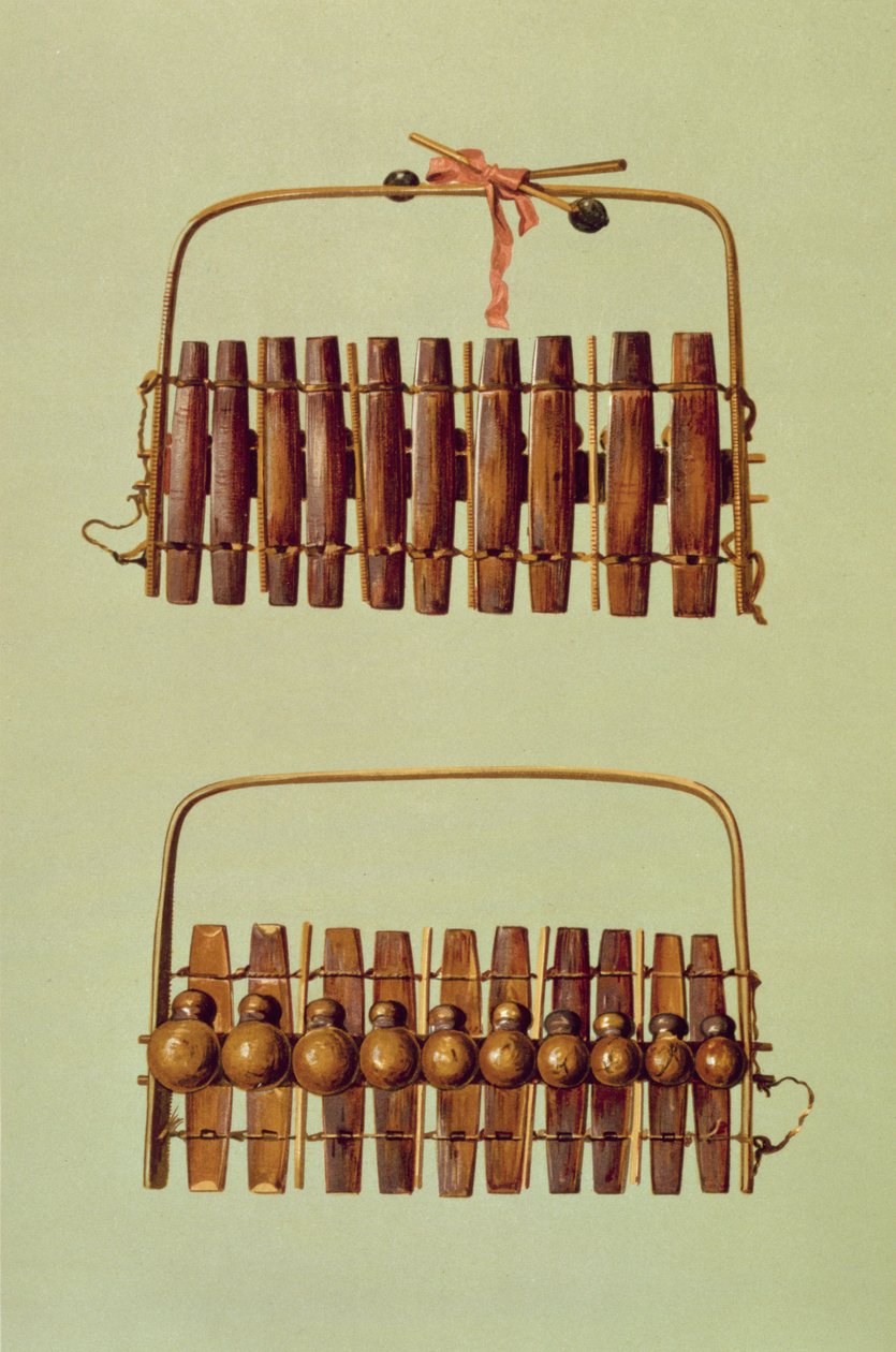 マリンバ、「Musical Instruments」（色付きのlitho）の正面図と背面図、南アフリカ 作： アルフレッド・ジェームス・ヒプキンス