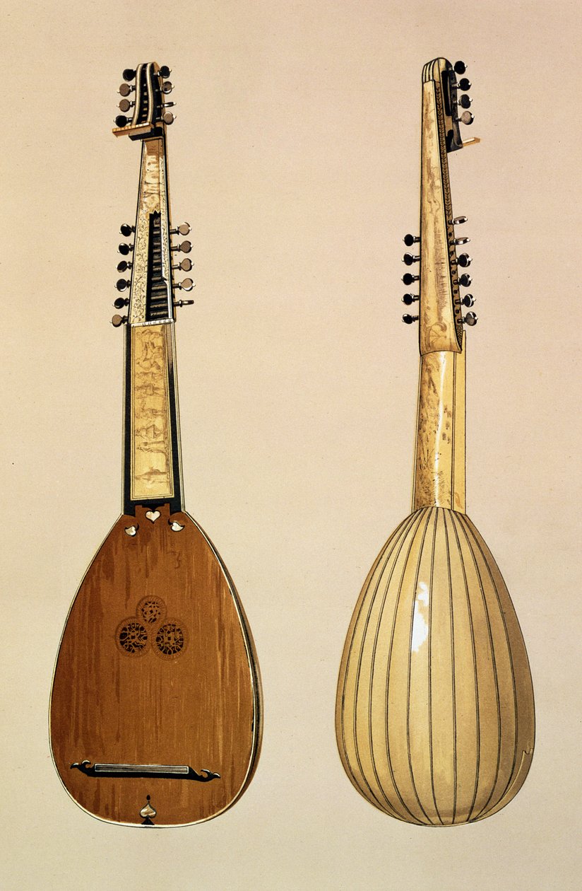 Theorbo、Giovanni Krebar、パドヴァ、1629年、「Musical Instruments」（色付きのlitho）から作成 作： アルフレッド・ジェームス・ヒプキンス