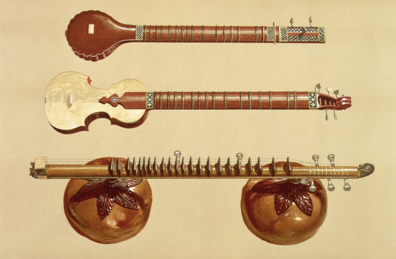 「Musical Instruments」（色付きのリソ）の2つのシタールとルドラヴィーナ、インディアン 作： アルフレッド・ジェームス・ヒプキンス