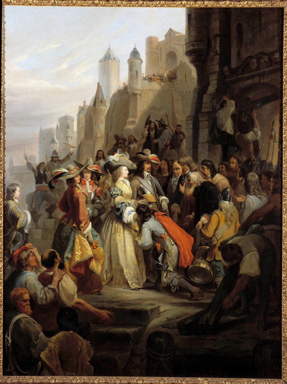 モンペンシエ公爵夫人のオルレアン入場。1648年から1652年頃のフロンド時代に、偉大なるマドモアゼルと呼ばれたモンパンシエ公爵夫人アンヌ・マリー・ルイーズ・ドルレアン（1627-1693）。アルフレッド・ヨハンノ（1800-1837）による絵画、水彩画 19世紀。オルレアン、Musee Des B 作： アルフレッド・ヨハノ