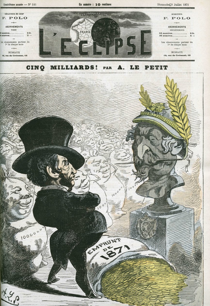 50億！？ナポレオン3世（1808-1873）の胸像とプロイセンへの50億円の融資を前にしたウジェーヌ・ルーエ（1814-1884）。アルフレッド・ル・プティの「日食」7月9日号の表紙 作： アルフレッド・ル・プティ