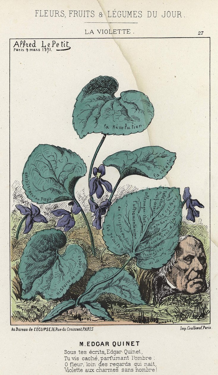 ラ・ヴィオレットエドガー・キネの漫画 - 1871年9月3日の "Flowers, Fruits and Vegetables du Jour "に掲載されています。 作： アルフレッド・ル・プティ