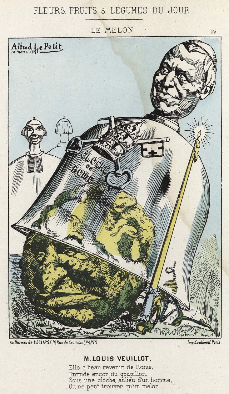 ル・メロンルイ・ヴイヨの漫画 - 1871年10月3日の "日の花、果物、野菜 "に掲載されている。 作： アルフレッド・ル・プティ
