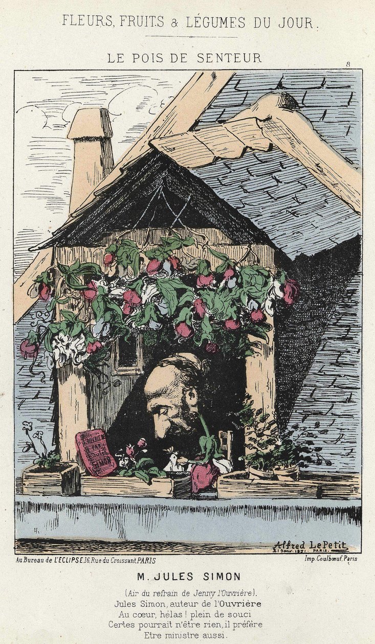 Le Peas de Fragreur：ジュール・シモン（1814～1896）を題材にした風刺画 - "Flowers, Fruits and Vegetables of the Day "の187年12月1日の画像 作： アルフレッド・ル・プティ