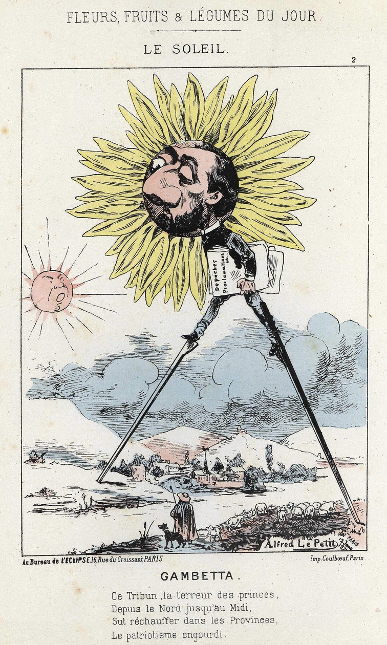 ル・ソレイユ（ヒマワリ）：ガンベッタ（1838-1882）の風刺画 - 1871年12月1日の「今日の花、果物、野菜」の図版 作： アルフレッド・ル・プティ