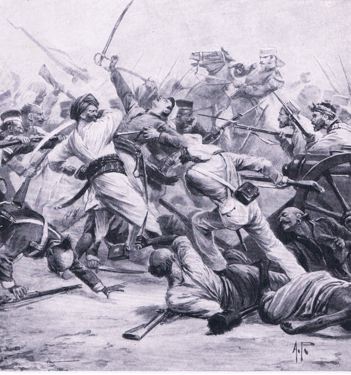 1857年8月2日、ナジャフガルでの反逆者のニコルソンの敗北、陸と海でのイギリスの戦い、1915年の図解 作： アルフレッド・パース