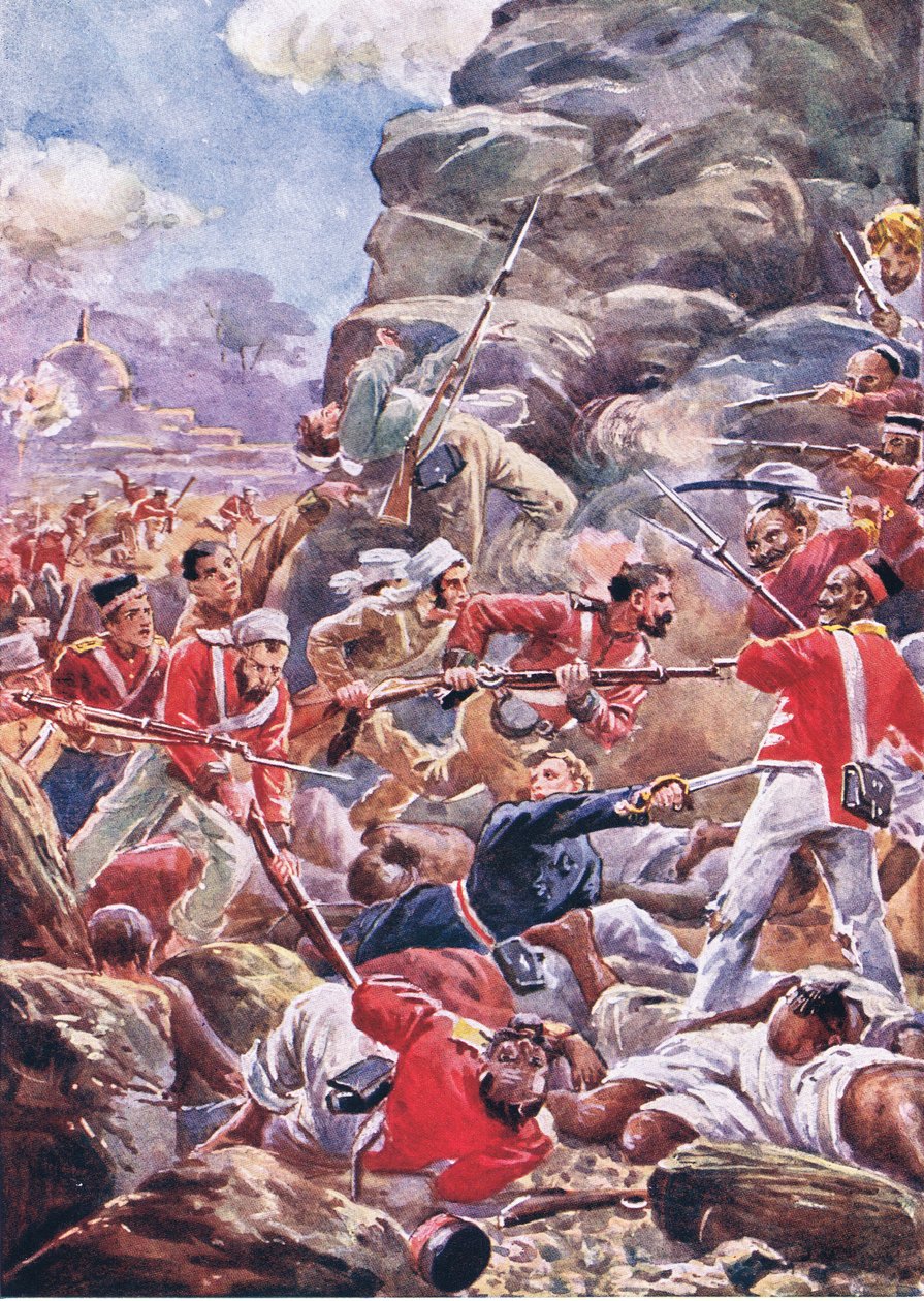デリーの包囲：突破口の嵐、陸と海のイギリスの戦いのイラスト、1915 作： アルフレッド・パース
