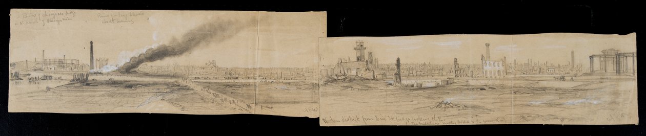 1871年のシカゴの火の間に東に見えるエリーストリートブリッジから北部地区（紙に鉛筆とチョーク） 作： アルフレッド・ルドルフ・ウォード