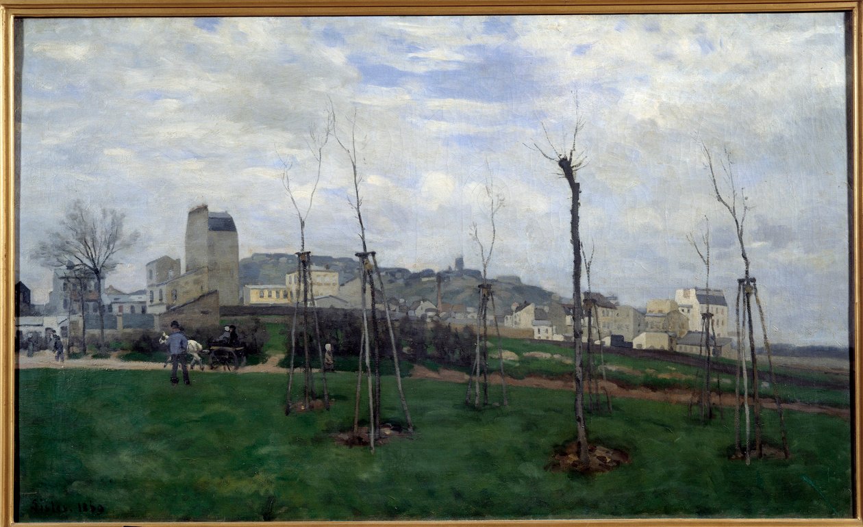 バティニョールの花の都から撮影されたモンマルトルの眺め アルフレッド・シスレー（1839-1899）作画 1869年 日の丸0.7x1.17 m グルノーブル、ミュゼ・デ・ボザール 作： アルフレッド・シスレー
