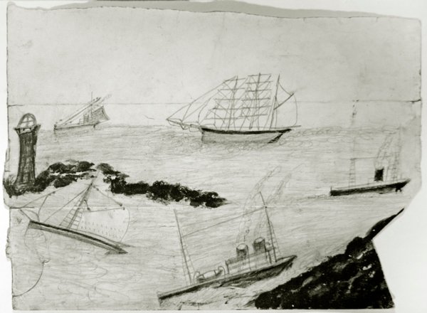 3隻の帆船、2隻の蒸気船、ゴッドレビー灯台、1935-38年頃（カードに油彩・鉛筆） 作： アルフレッドウォリス