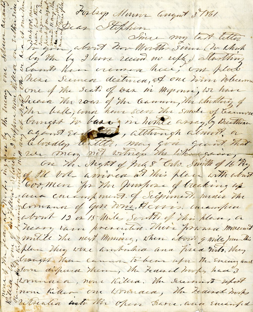 1861年8月3日、スティーブンへの手紙（アルフレッド・ワーナー）。 作： アルフレッドワーナー