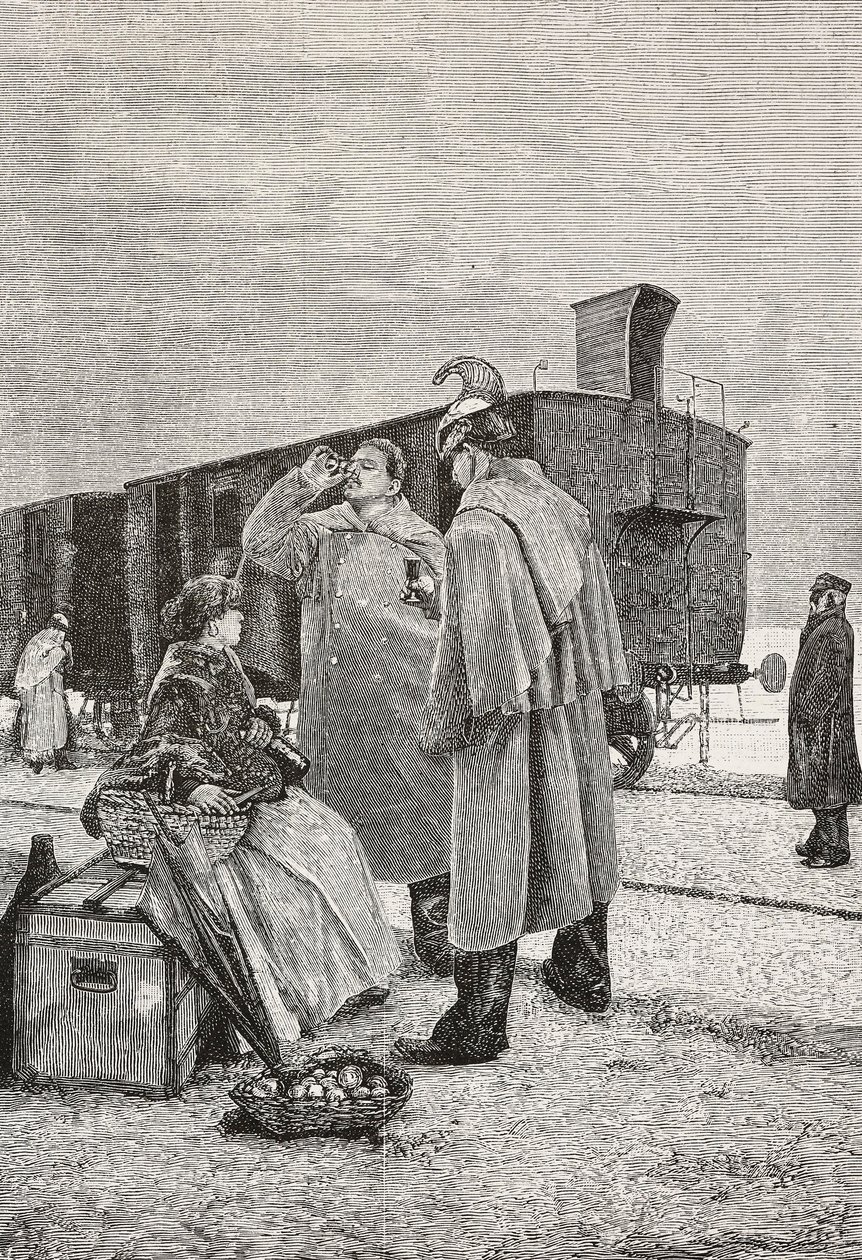 Five Minutes Stop、電車に立っている2人の男性が飲み食いを止める、アルフレド・ルクソーロ（1859-1918）の絵画からの彫刻、L