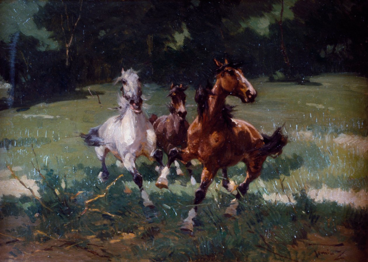 アルフレッド・トミンツ（1854-1936）による絵画「走る馬」、厚紙に油彩、67x48cm、イタリア 作： アルフレド・トミンズ