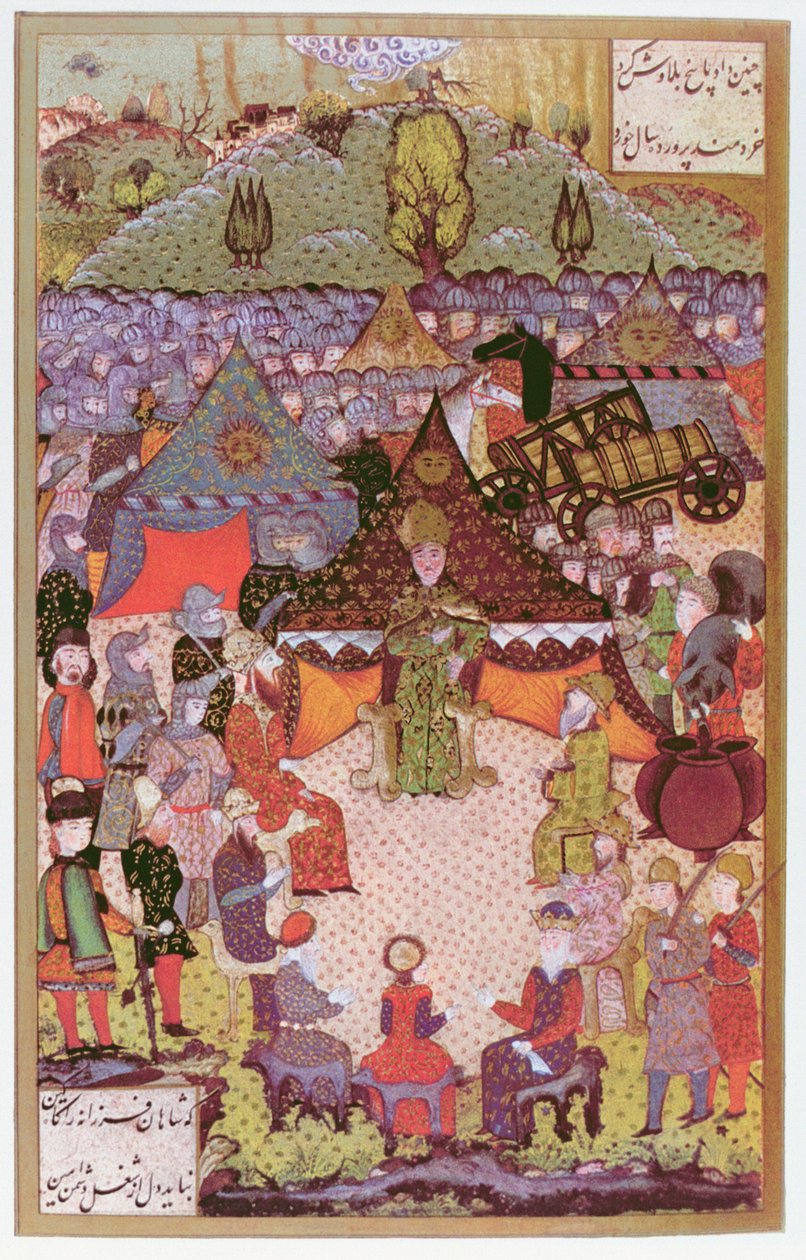 1526年、1558年のモハチの戦いの前に評議会にいたハンガリーの王、ラホス2世（1506-26）（ベラムのインクと金箔） 作： アリ・アミール・ベグ