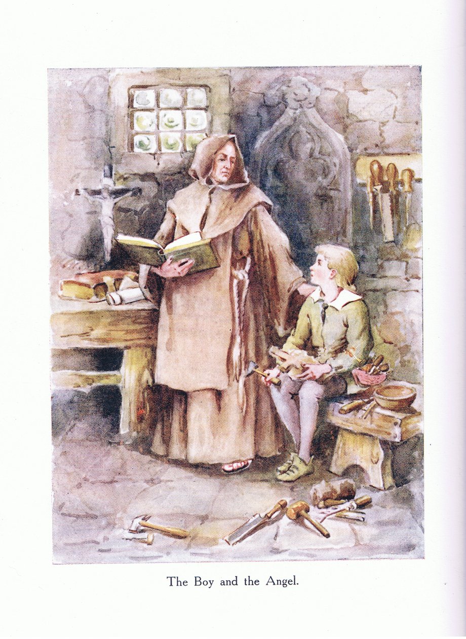 少年と天使」図版（「若い人のための詩」より。ロバート・ブラウニング」1920年頃（カラーリトグラフ版 作： アリス・ロス