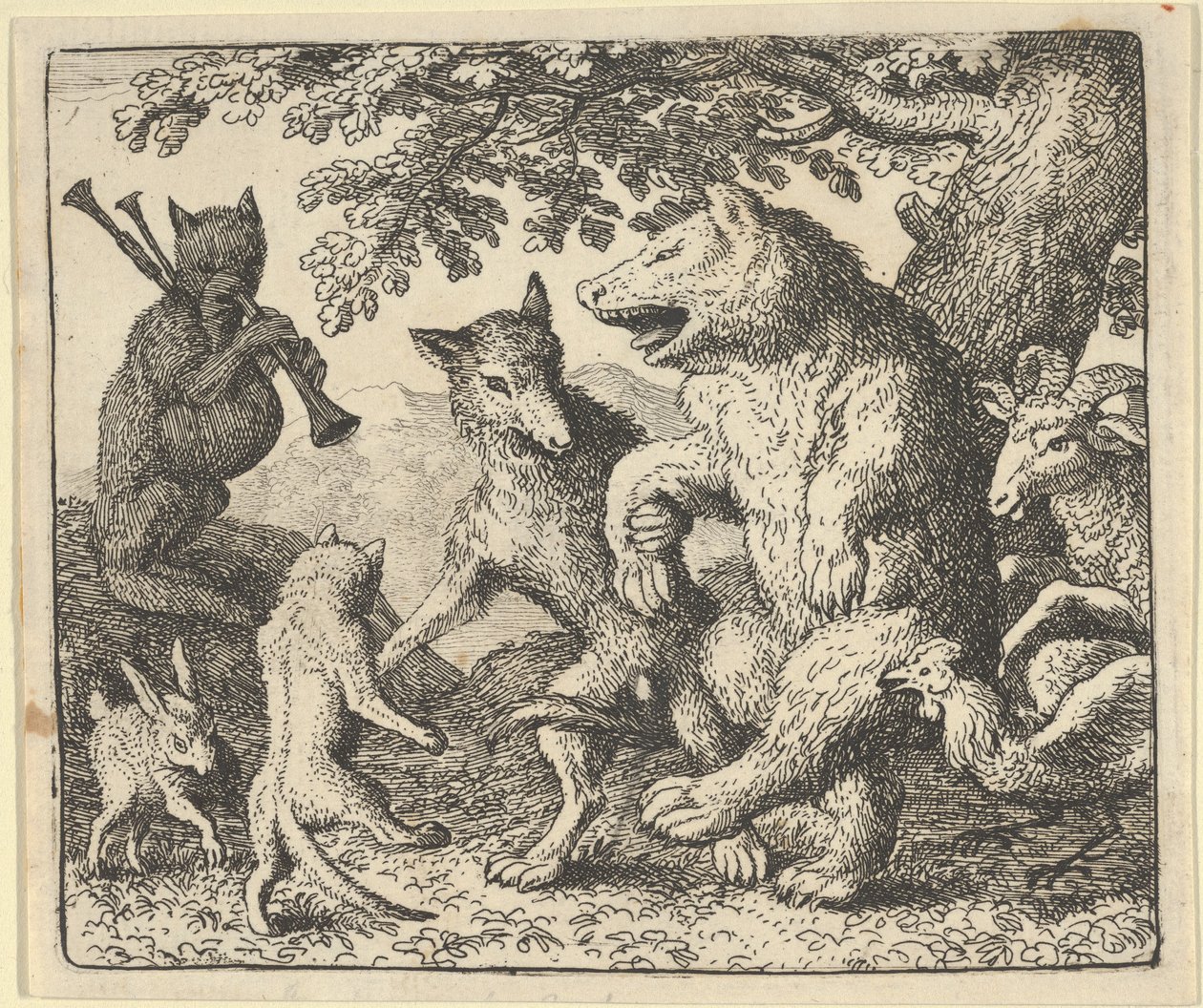 クマとオオカミを称えるパーティー、1650-75。 作： Allart van Everdingen