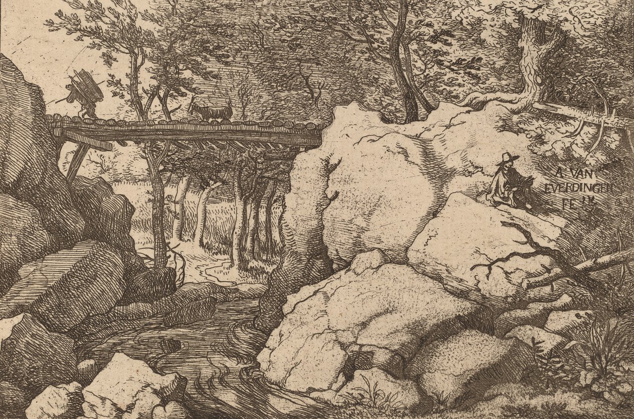 小さな橋の上のヤギ、おそらく c. 16451656。 作： Allart van Everdingen