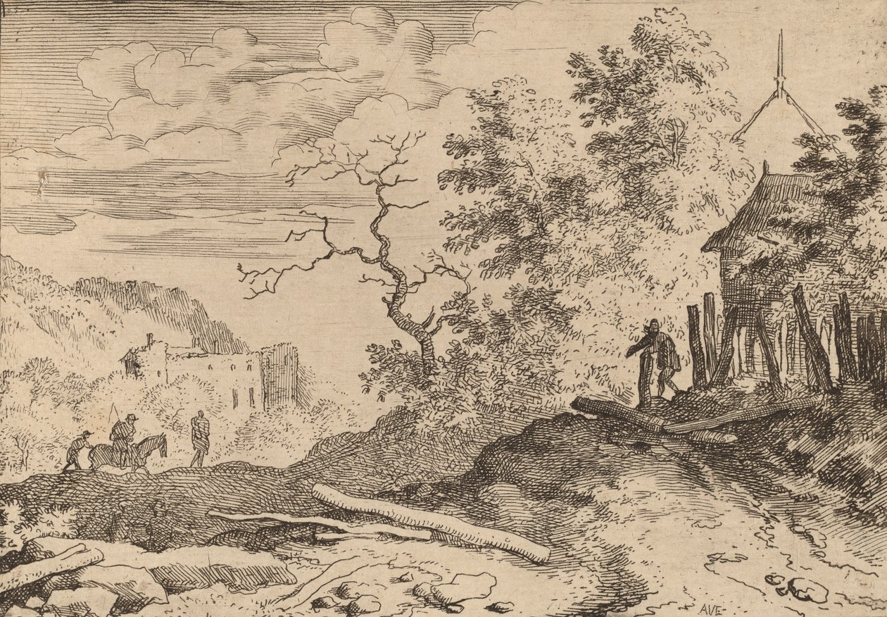 生け垣の残骸のある小屋、おそらくc。 16451656。 作： Allart van Everdingen