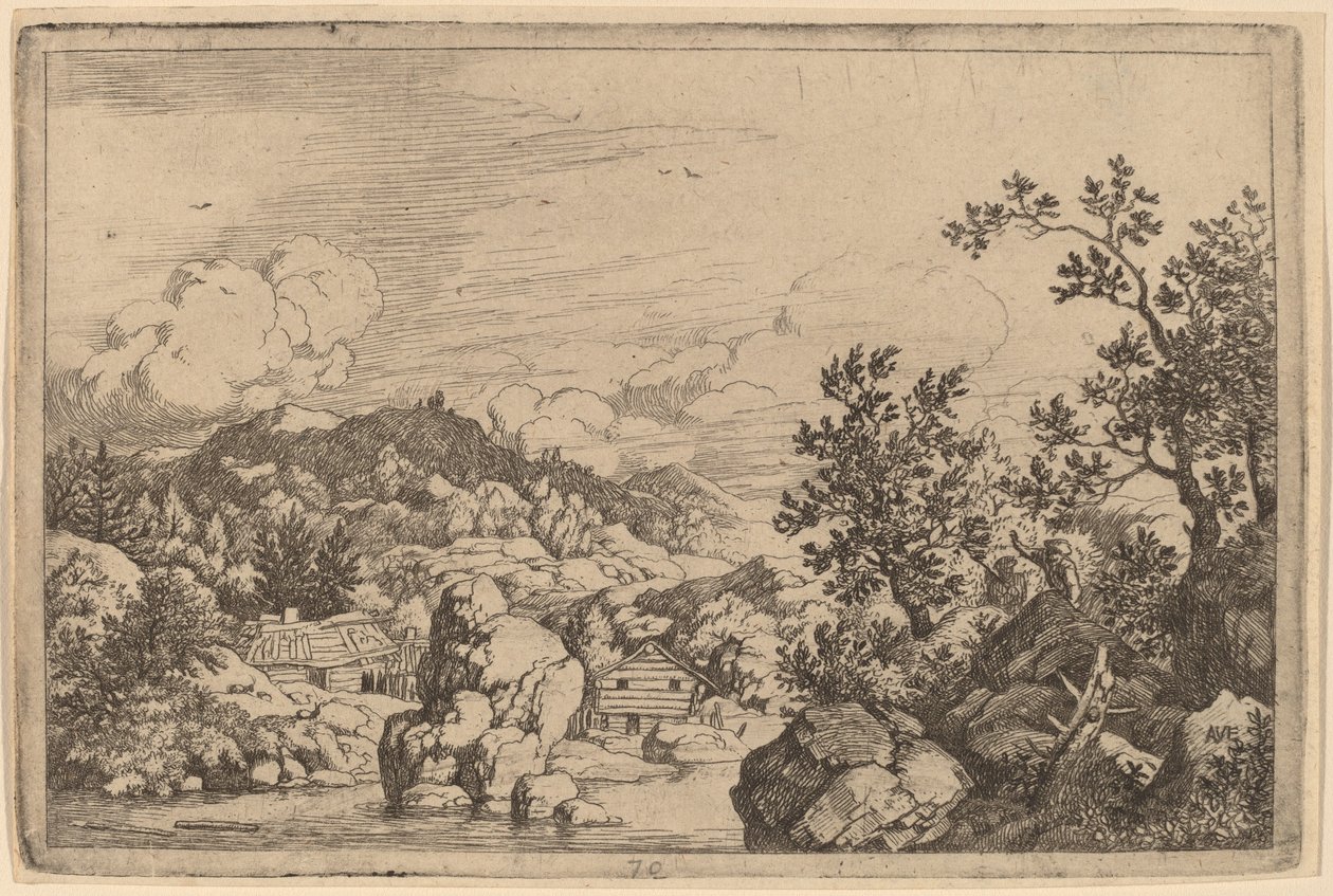 川から突き出た大きな岩、おそらく c. 16451656。 作： Allart van Everdingen
