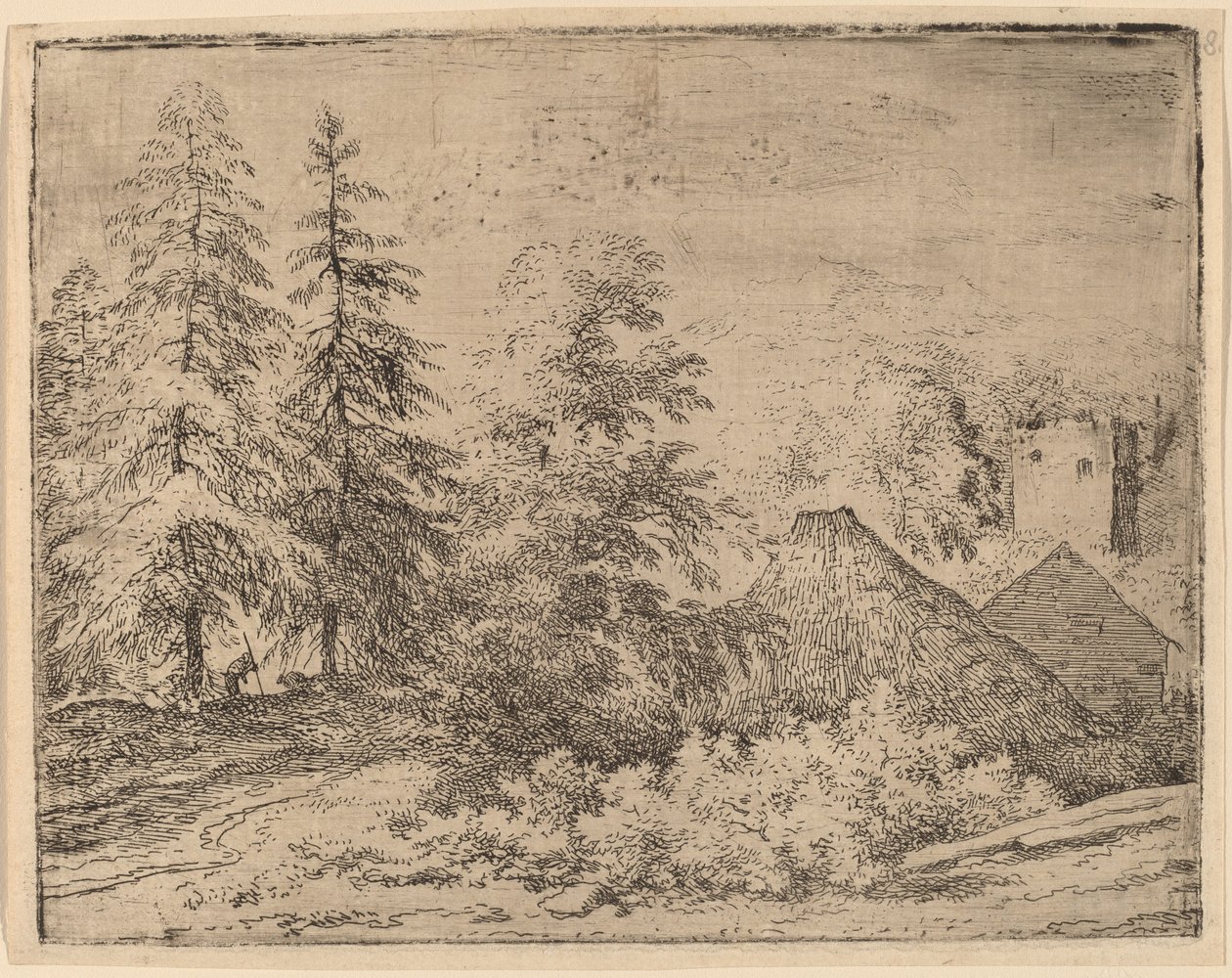 2 つのモミの木の間の男、おそらく c. 16451656。 作： Allart van Everdingen