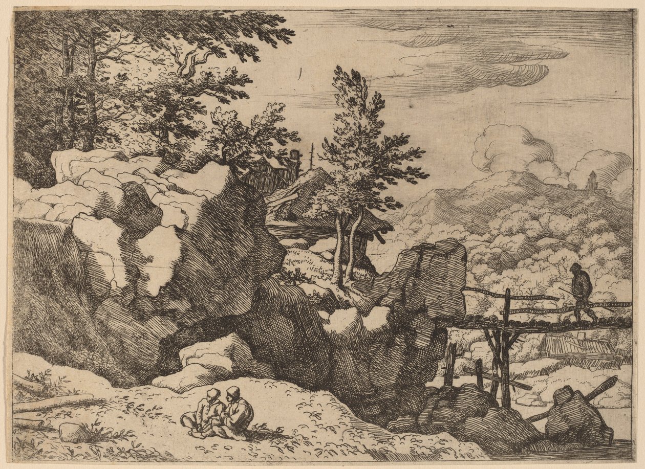 小さな木製の橋の男、おそらくc。 16451656。 作： Allart van Everdingen