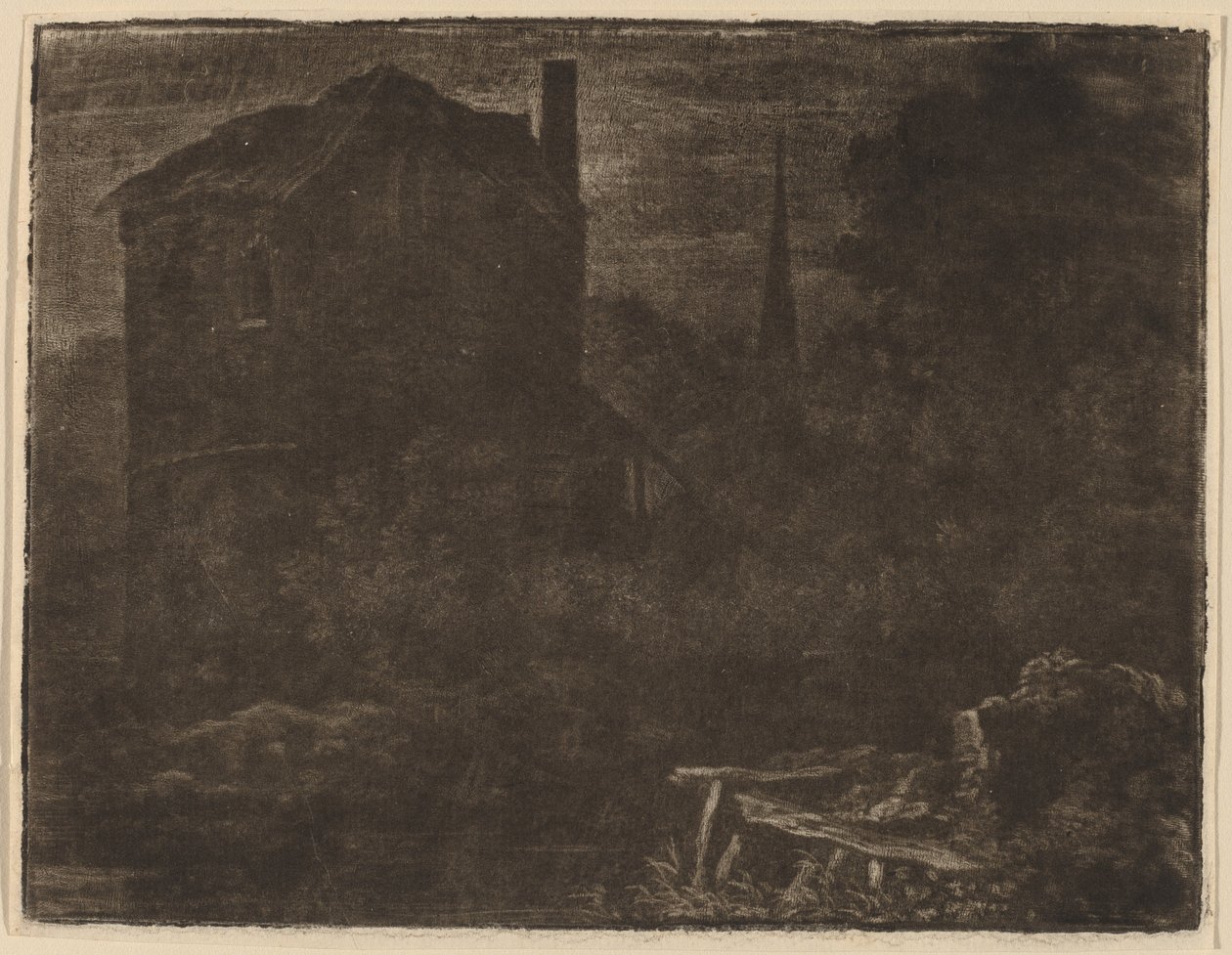 家と教会の尖塔のある夜の風景、おそらくc。 1660年。 作： Allart van Everdingen