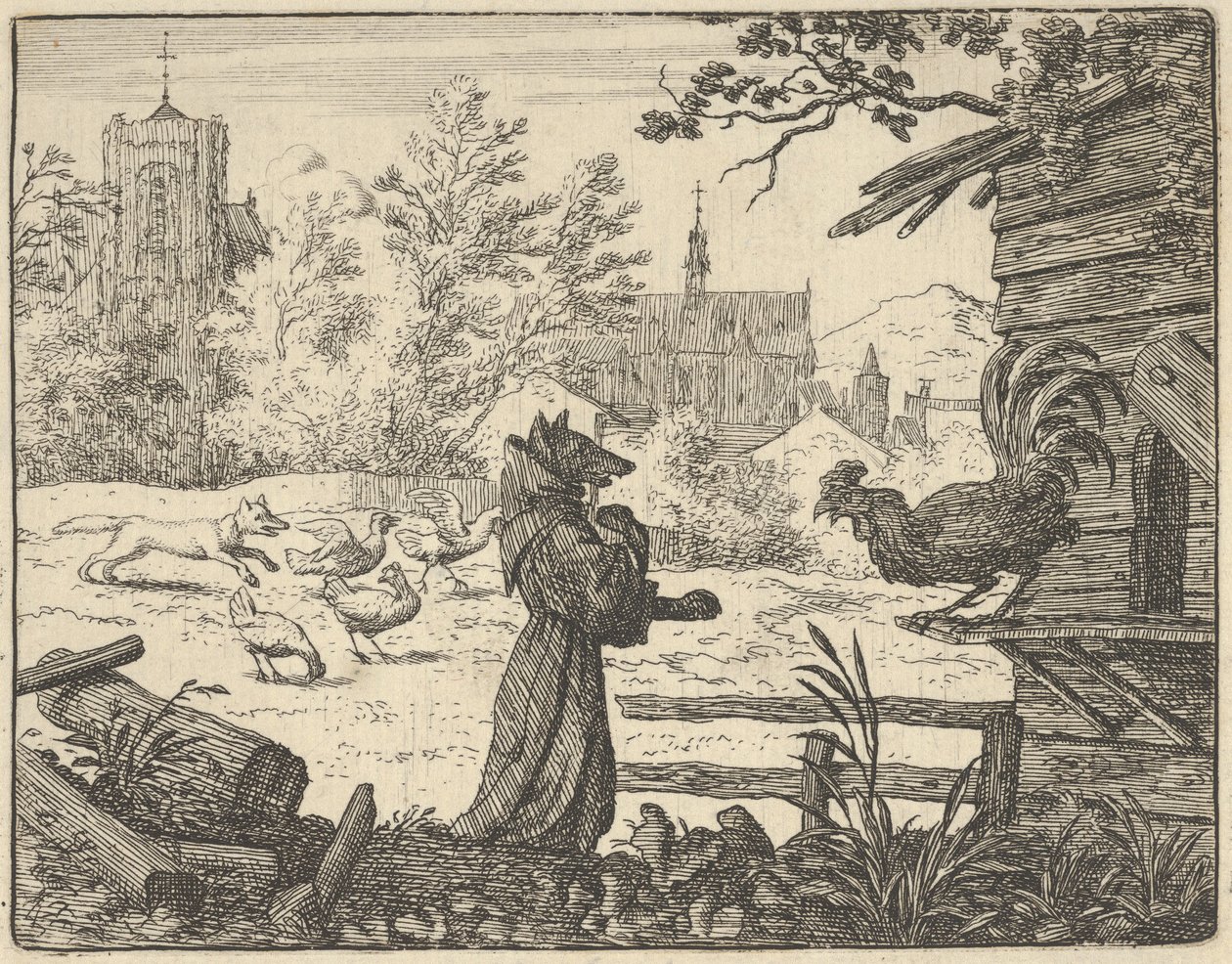 修道士に変装したレナードは、オンドリの信頼を得る、1650-75. 作： Allart van Everdingen