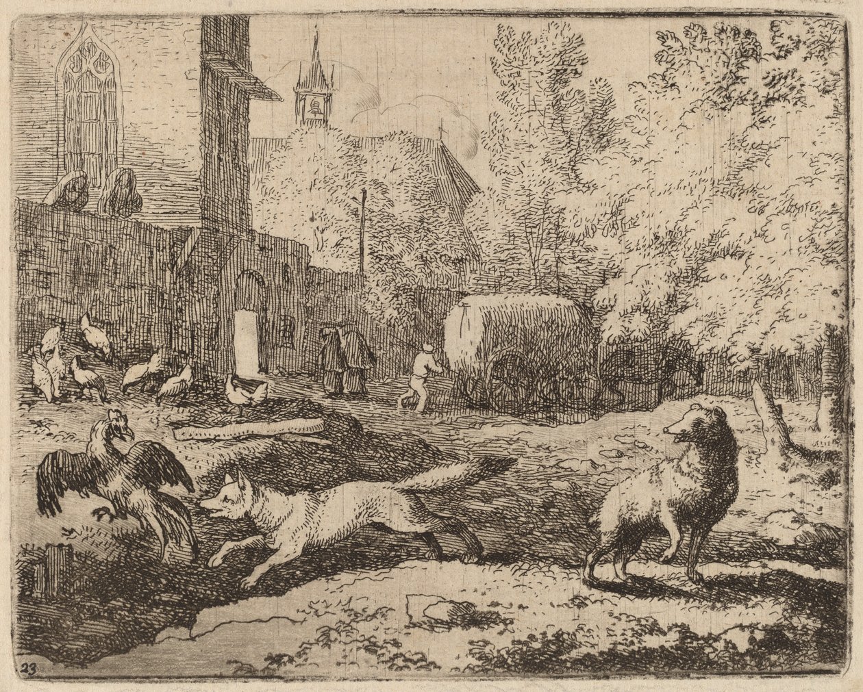 レイナードがオンドリを盗もうとする試み、おそらくc。 16451656。 作： Allart van Everdingen