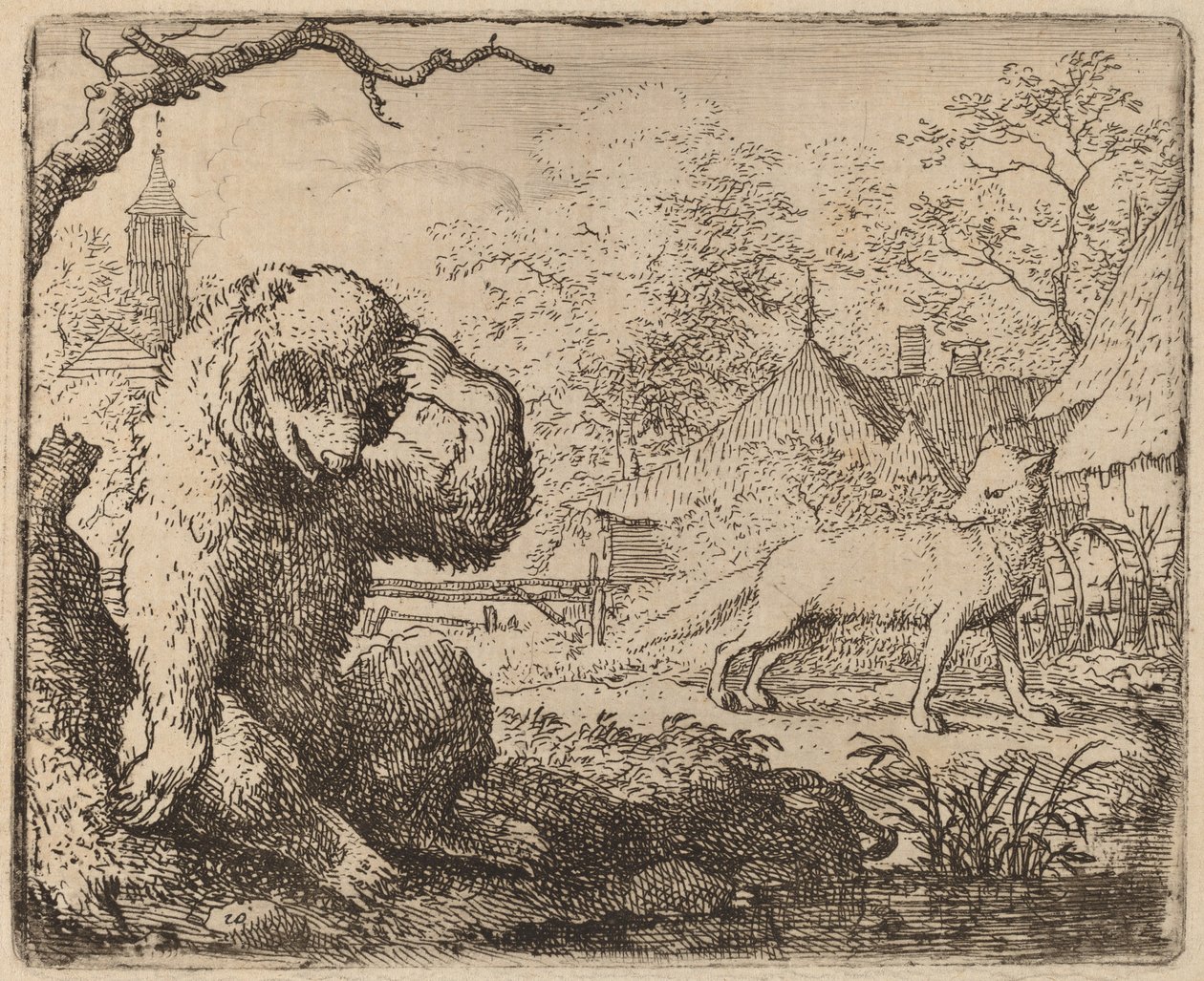 レイナードは哀れな熊をあざ笑う、おそらく c. 16451656。 作： Allart van Everdingen