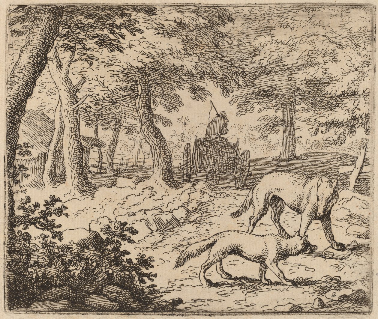 フィッシュカートの前のレイナードとオオカミ、おそらくc。 16451656。 作： Allart van Everdingen