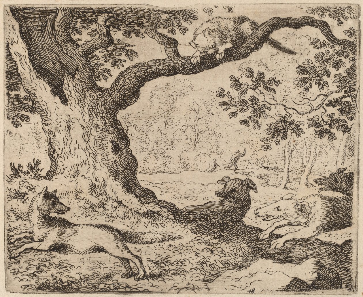 レイナードの父と猟犬に追われる猫、おそらくc。 16451656。 作： Allart van Everdingen