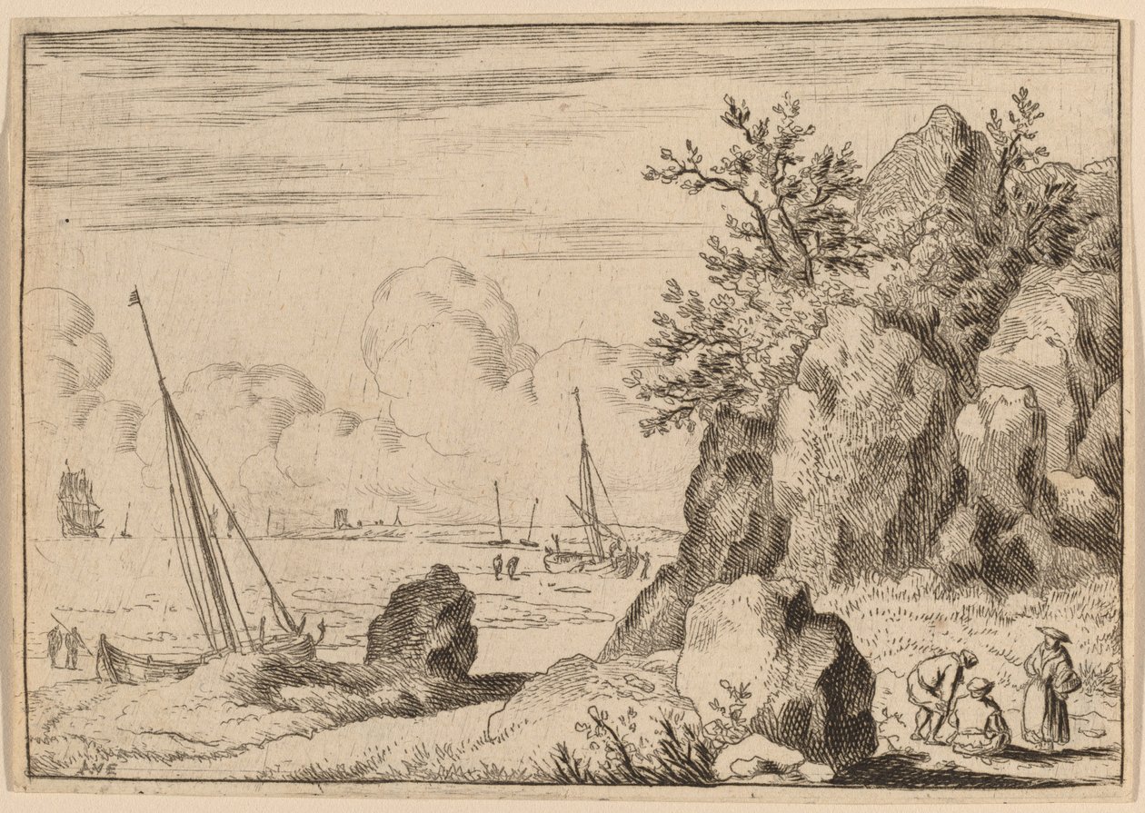 右側に 3 人の人物が描かれた海景、おそらく c. 16451656。 作： Allart van Everdingen