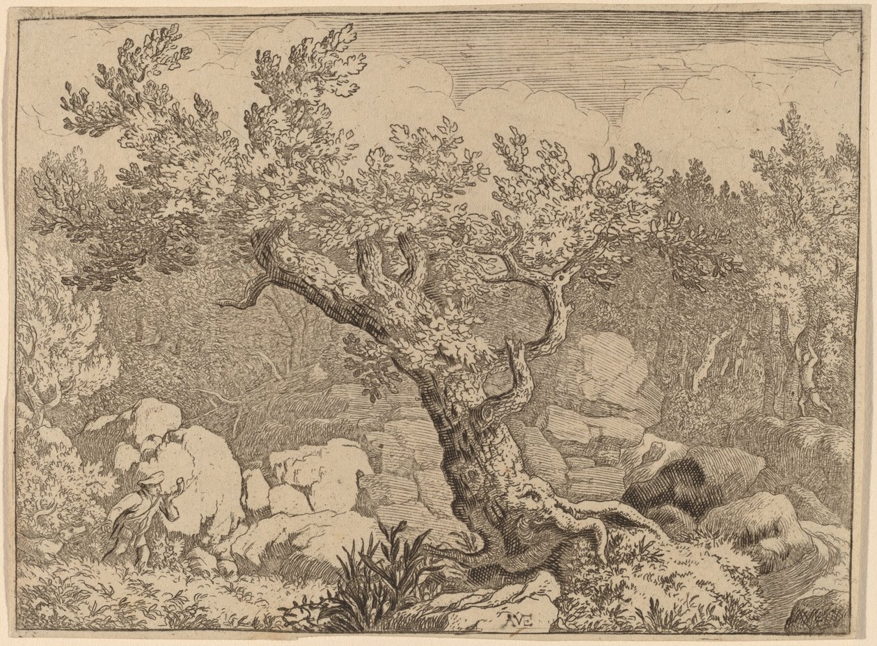 大きな木の近くのスポーツマン、おそらく c. 16451656。 作： Allart van Everdingen