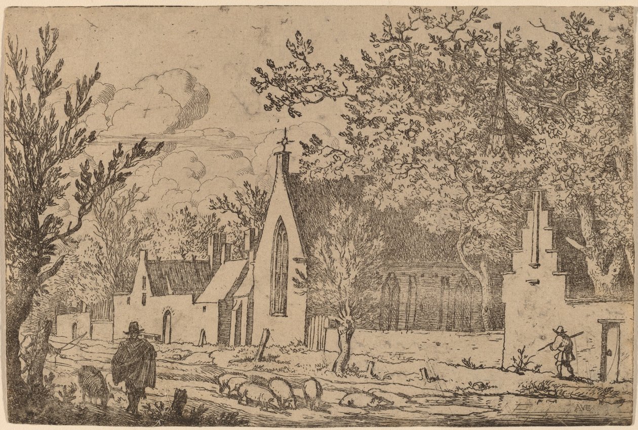 チャペルの近くの豚の群れ、おそらくc。 16451656。 作： Allart van Everdingen