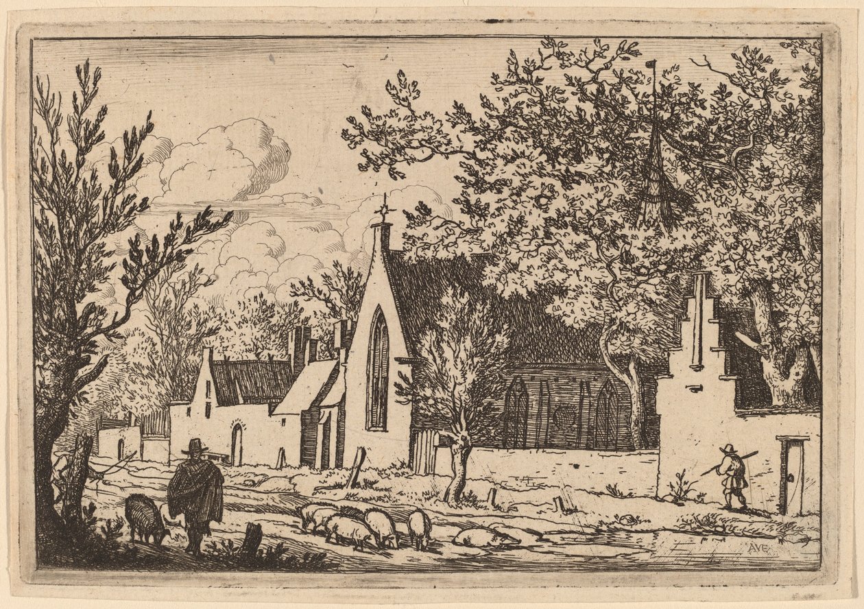 チャペルの近くの豚の群れ、おそらくc。 16451656。 作： Allart van Everdingen