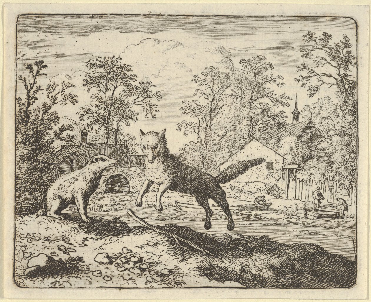 アナグマは地面の棒を 3 回飛び越える罰として課す、1650-75 年。 作： Allart van Everdingen