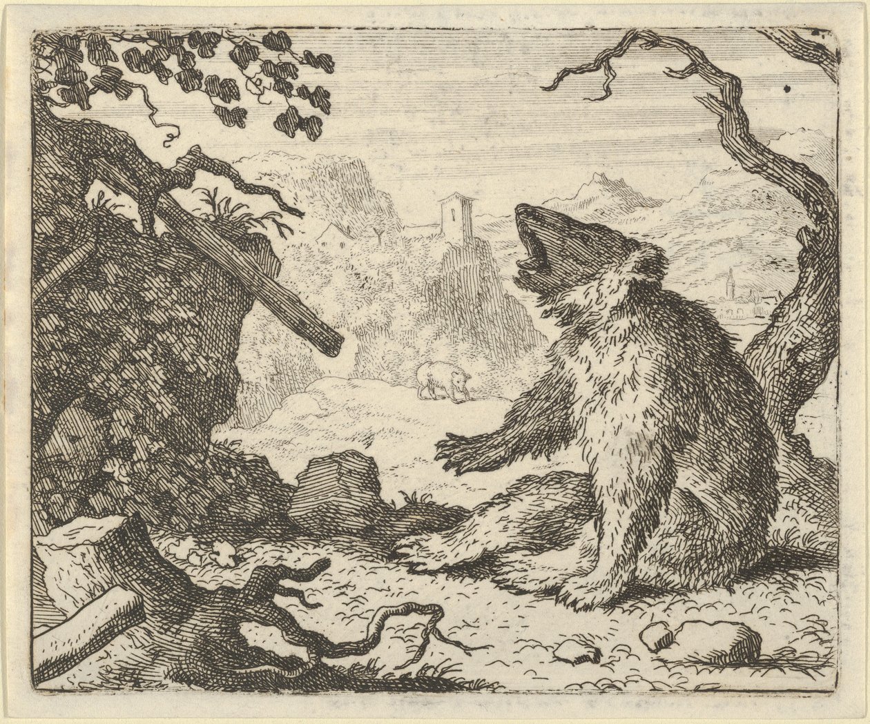 クマはレナードに動物評議会の前に出頭するよう呼びかける、1650-75。 作： Allart van Everdingen