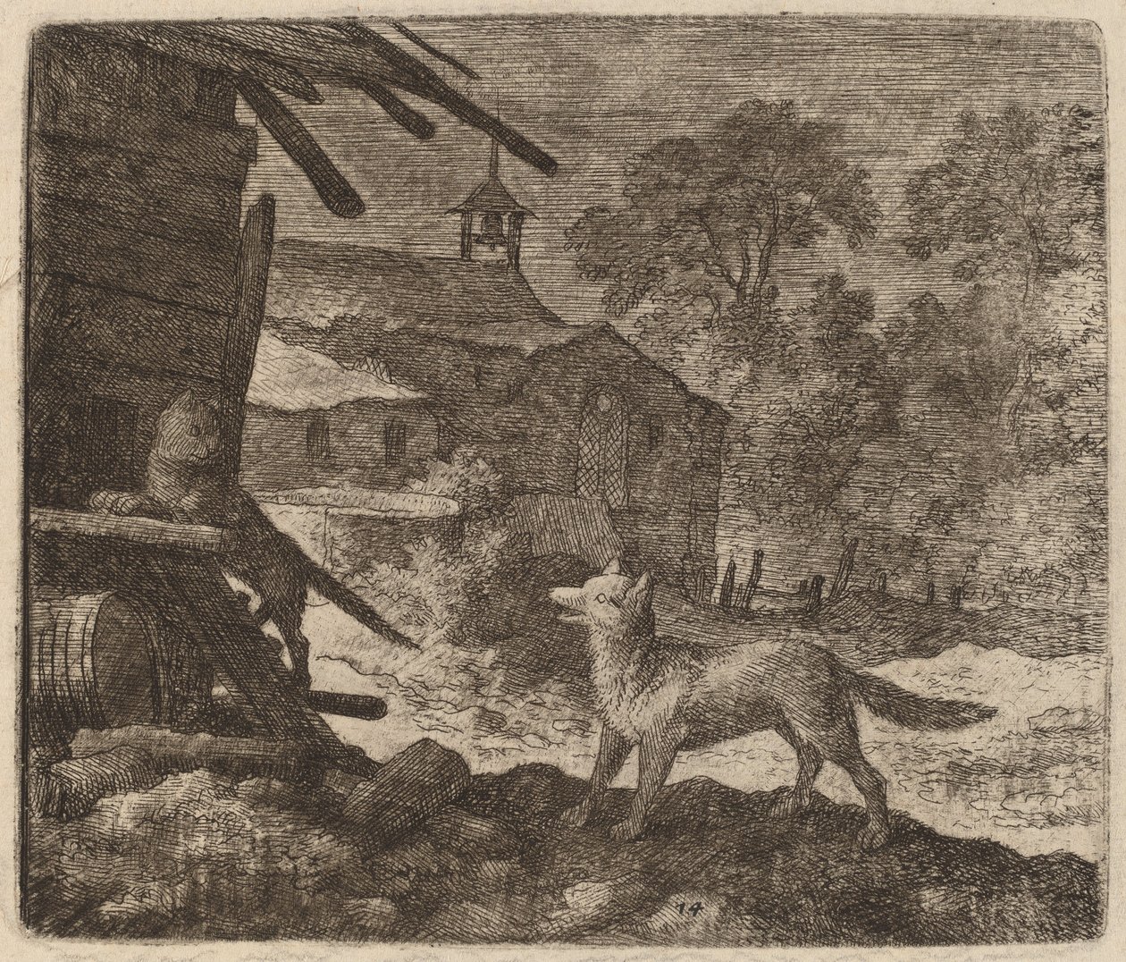 レイナードが見ていると猫が納屋に入る、おそらくc。 16451656。 作： Allart van Everdingen