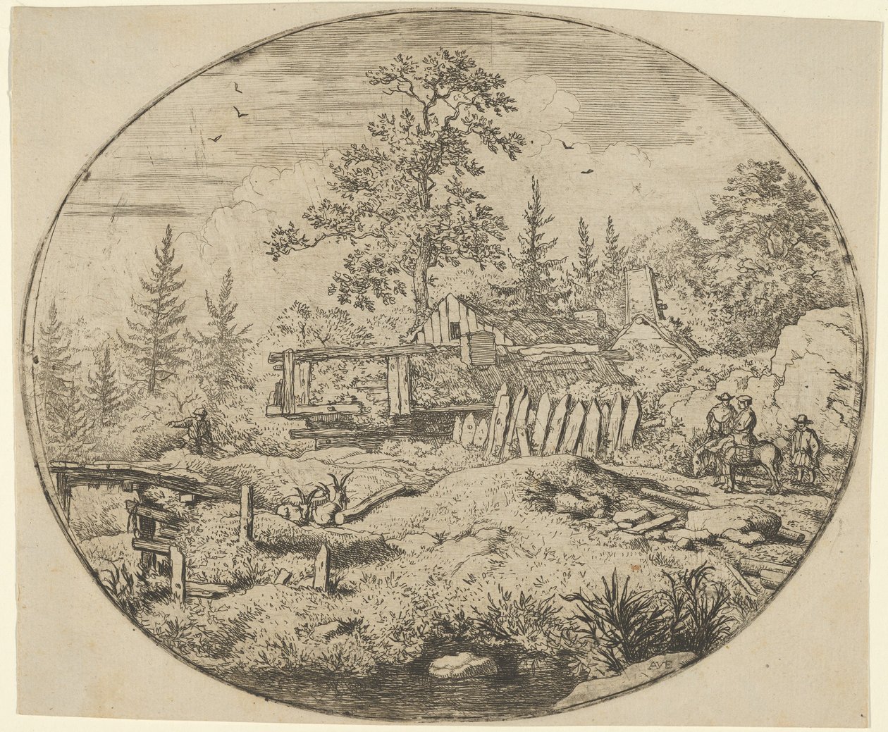 木製の橋のある風景、17世紀。 作： Allart van Everdingen