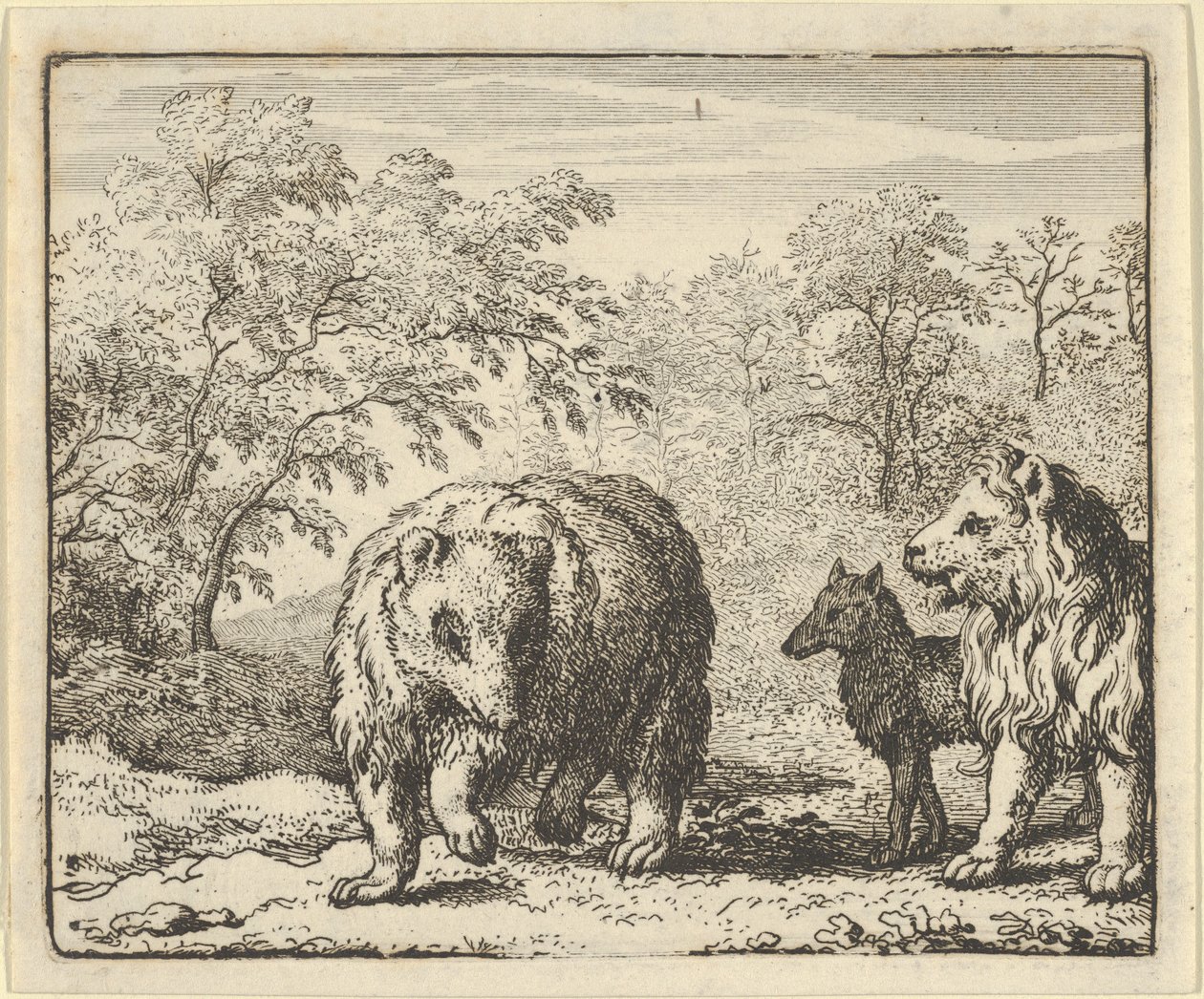ライオンはクマとオオカミを解放します、1650-75。 作： Allart van Everdingen