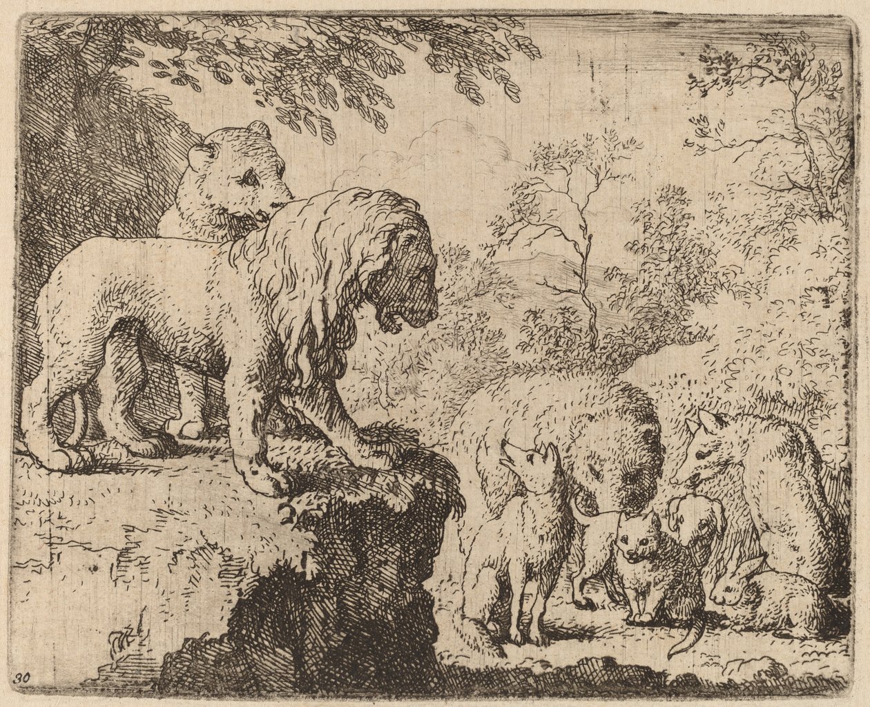 ライオンは他の動物の前でレイナードを許す 作： Allart van Everdingen