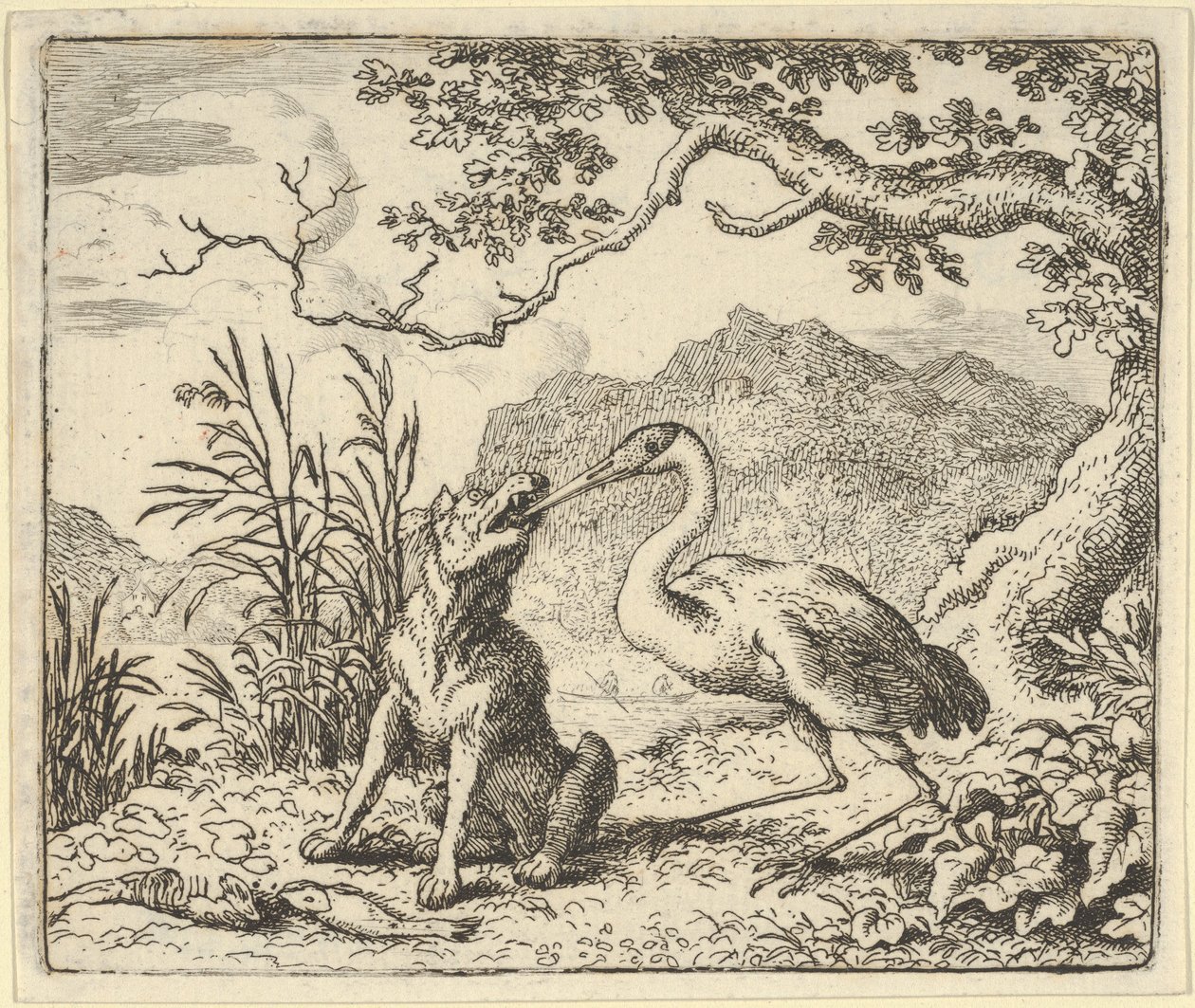 ヘンドリック・ファン・アルクマーのレナード・ザ・F...、1650-75年からのコウノトリはオオカミの喉から骨を取り除きます。 作： Allart van Everdingen