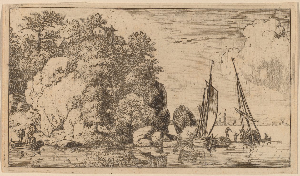 広い川の2つのボート、おそらくc。 16451656。 作： Allart van Everdingen