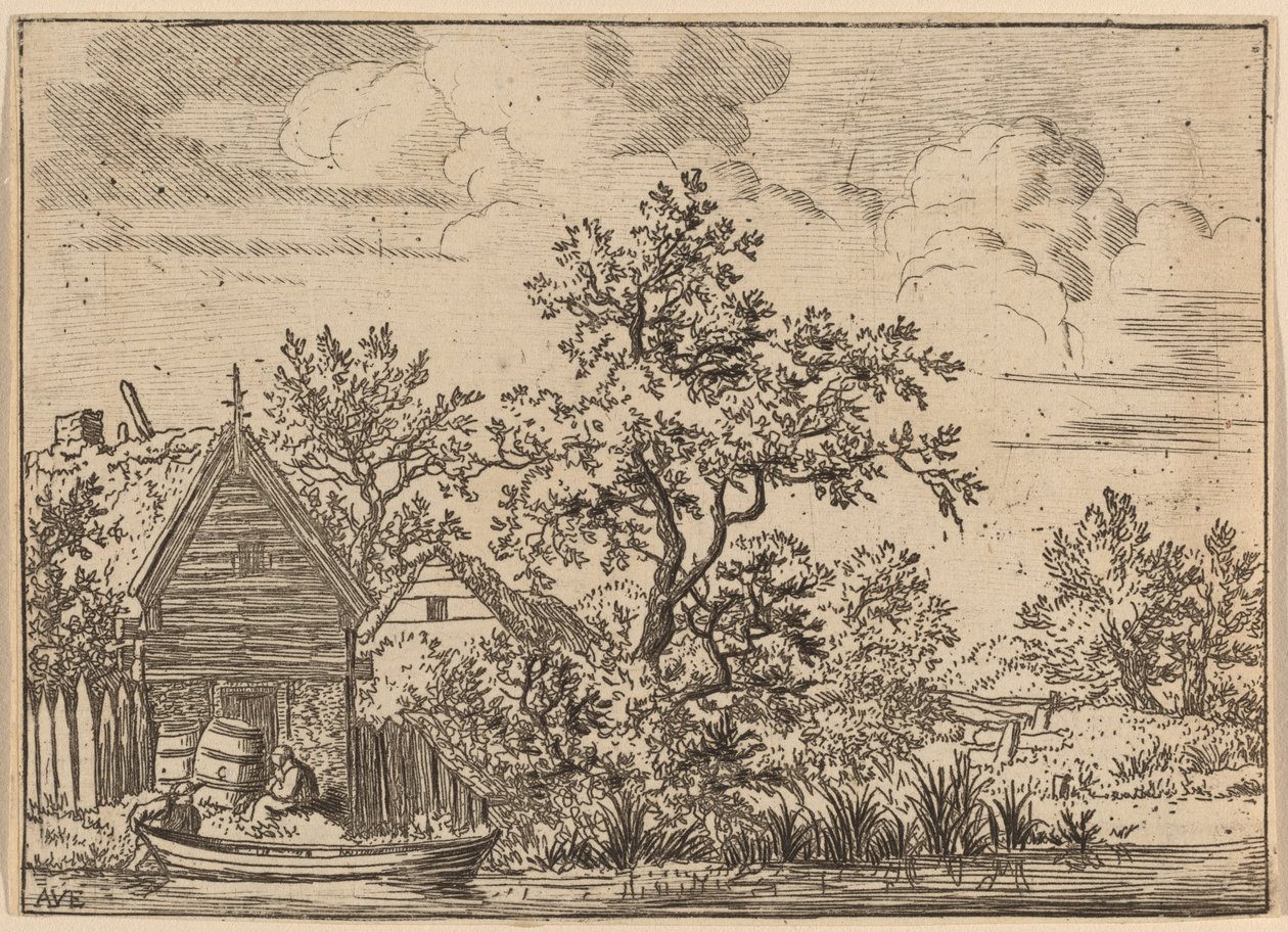 コテージの前にある 2 つの樽、おそらく c. 16451656。 作： Allart van Everdingen