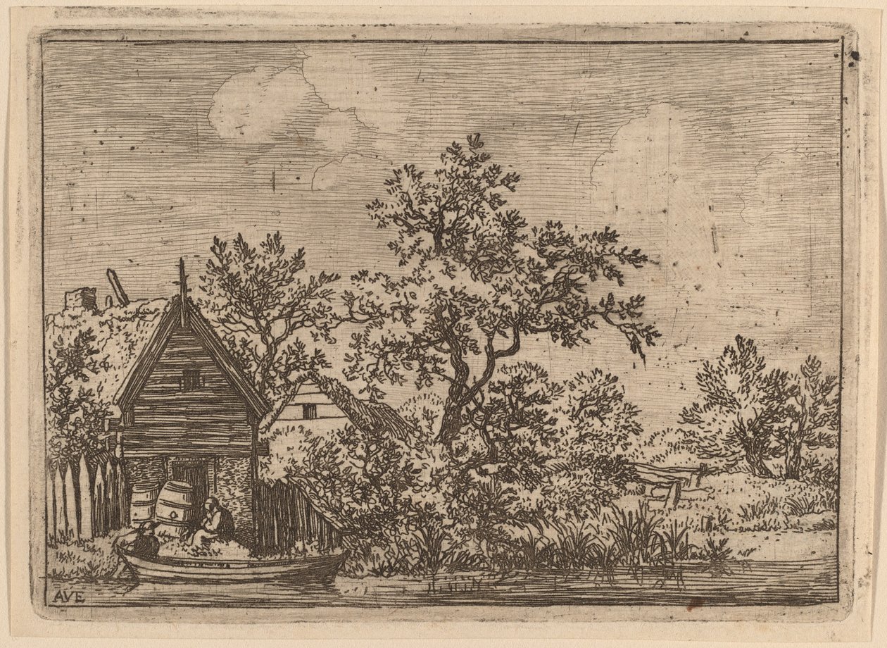 コテージの前にある 2 つの樽、おそらく c. 16451656。 作： Allart van Everdingen