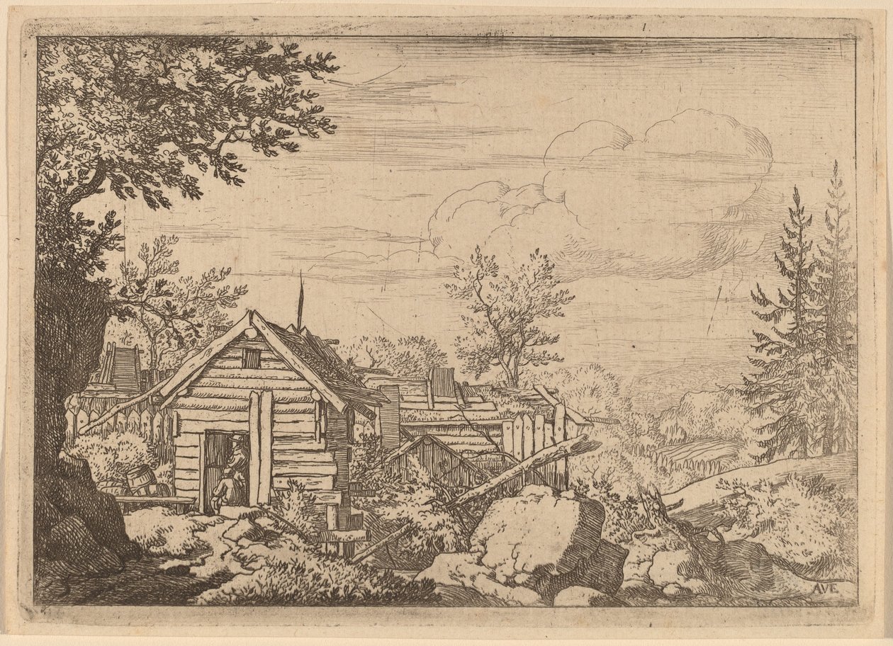 小屋の戸口にいる二人の男 作： Allart van Everdingen