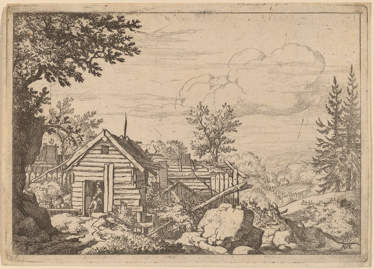 小屋の戸口にいる二人の男、おそらくc。 16451656。 作： Allart van Everdingen
