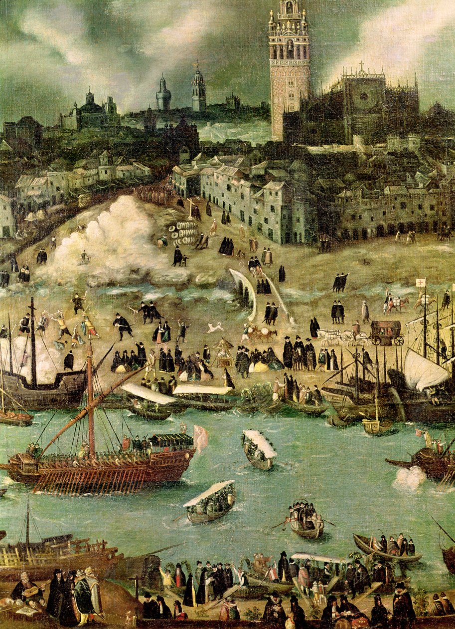 セビリアの港、1590年頃（詳細） 作： アロンソ・サンチェス・コエロ